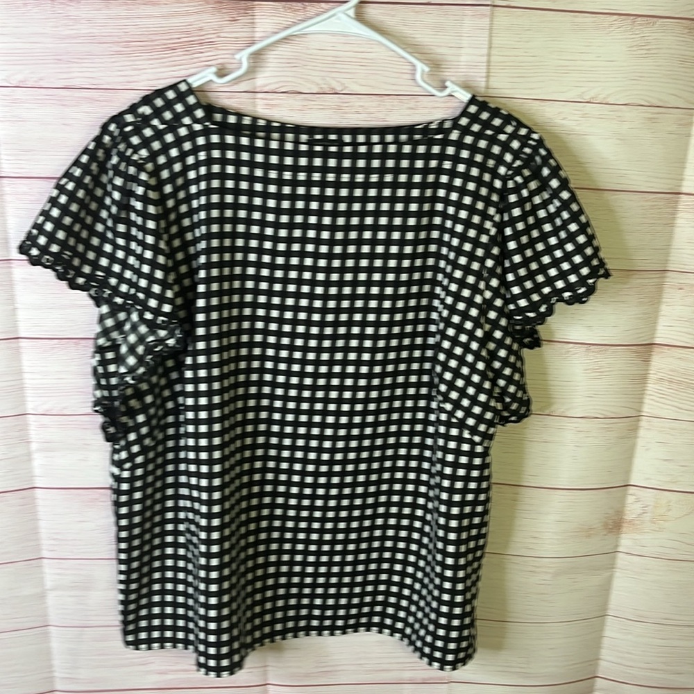 Ann Klein Black White Embroidered Sleeve Trim Boat Neck‎ Checkered Top Size XL